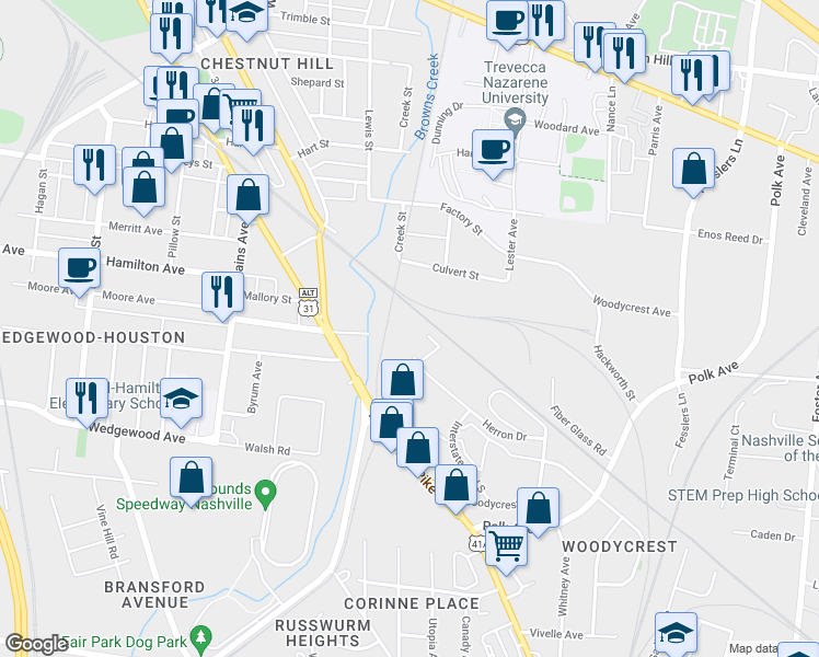 map of restaurants, bars, coffee shops, grocery stores, and more near 400 Herron Drive in Nashville
