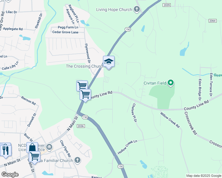 map of restaurants, bars, coffee shops, grocery stores, and more near 9501 County Line Road in Kernersville