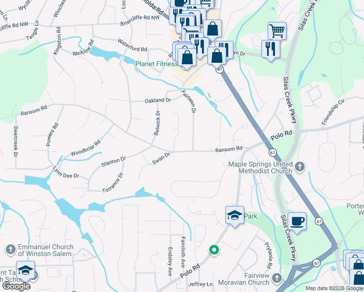 map of restaurants, bars, coffee shops, grocery stores, and more near 365 Ransom Road in Winston-Salem