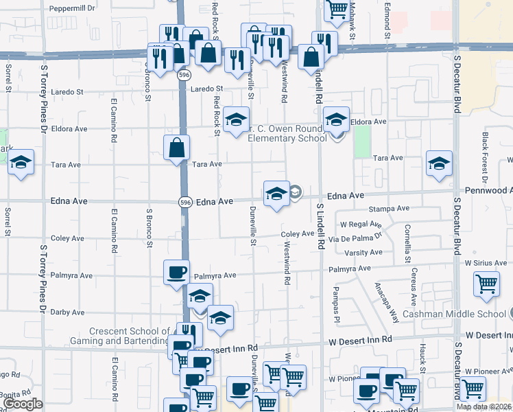 map of restaurants, bars, coffee shops, grocery stores, and more near 5861 Edna Avenue in Las Vegas