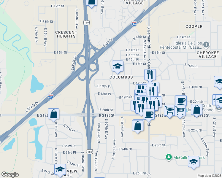 map of restaurants, bars, coffee shops, grocery stores, and more near 1814 South 108th East Avenue in Tulsa