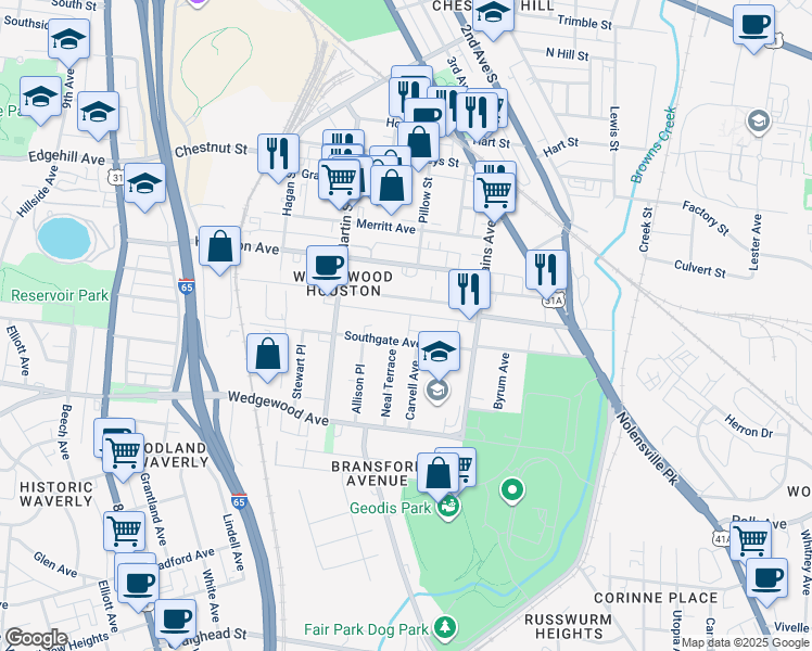 map of restaurants, bars, coffee shops, grocery stores, and more near 1611 Marshall Hollow Drive in Nashville