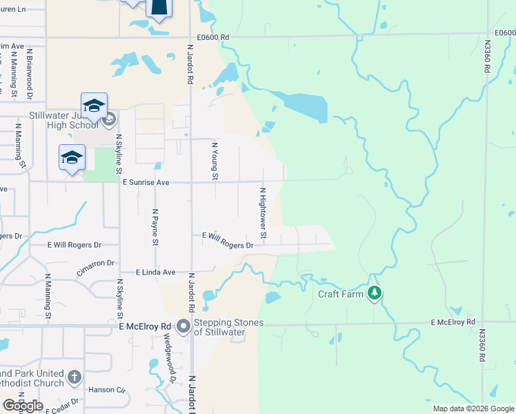 map of restaurants, bars, coffee shops, grocery stores, and more near 1423 North Hightower Street in Stillwater