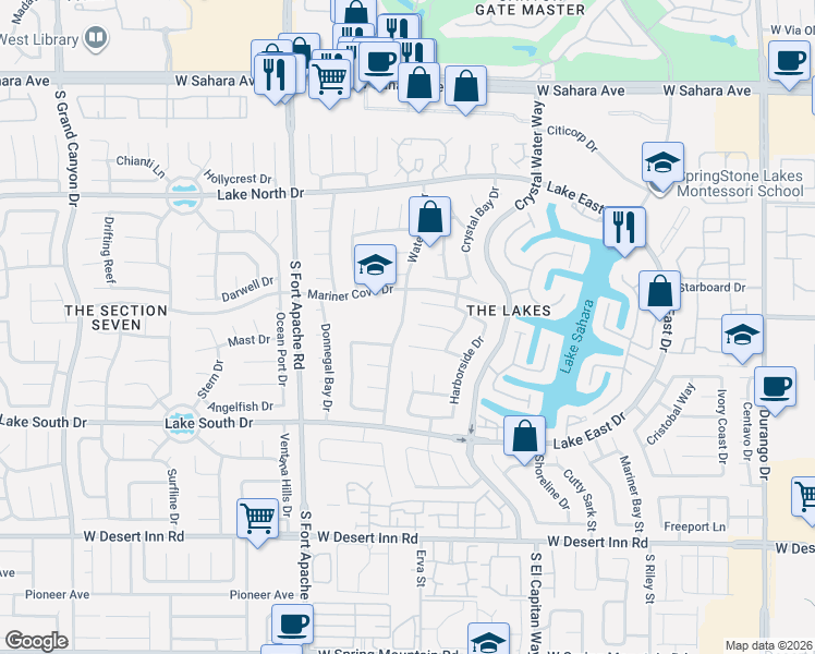 map of restaurants, bars, coffee shops, grocery stores, and more near 3032 Waterview Drive in Las Vegas