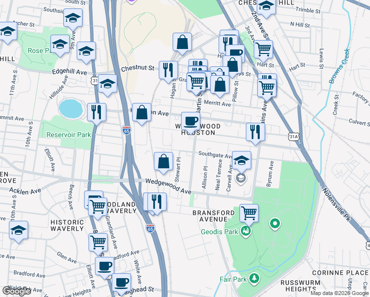 map of restaurants, bars, coffee shops, grocery stores, and more near in Nashville