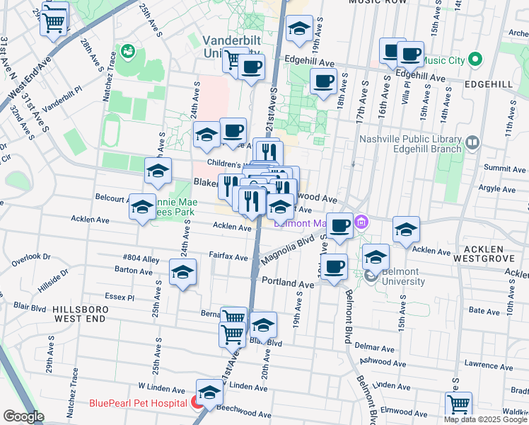 map of restaurants, bars, coffee shops, grocery stores, and more near 1802 Tennessee 106 in Nashville