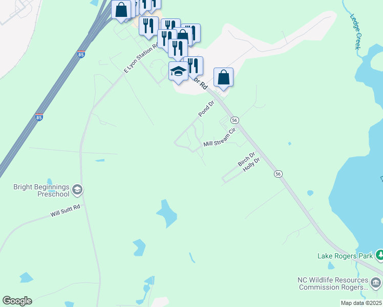 map of restaurants, bars, coffee shops, grocery stores, and more near 1564 Skipping Stone Lane in Creedmoor
