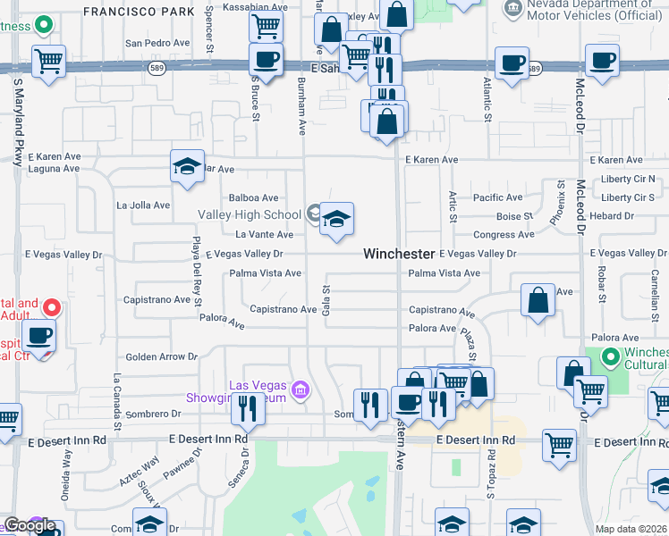 map of restaurants, bars, coffee shops, grocery stores, and more near 2172 Palma Vista Avenue in Las Vegas