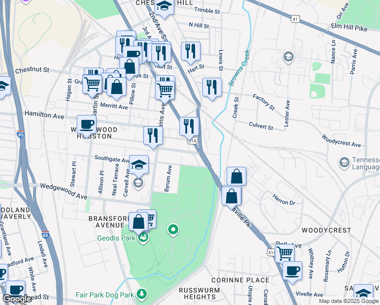 map of restaurants, bars, coffee shops, grocery stores, and more near 1607 Nolensville Pike in Nashville