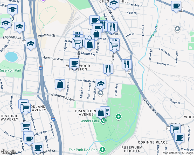 map of restaurants, bars, coffee shops, grocery stores, and more near 512 Southgate Avenue in Nashville