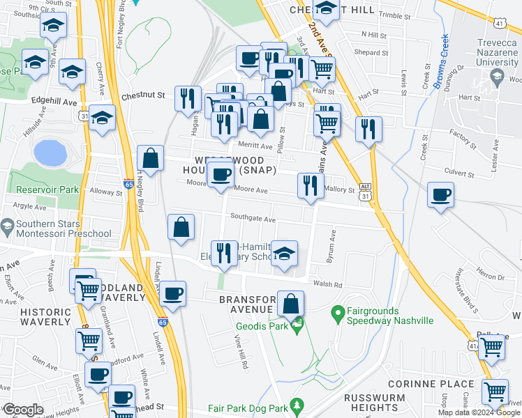 map of restaurants, bars, coffee shops, grocery stores, and more near 1611 Marshall Hollow Drive in Nashville