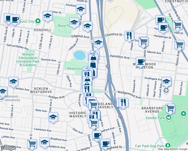 map of restaurants, bars, coffee shops, grocery stores, and more near 758 East Argyle Avenue in Nashville