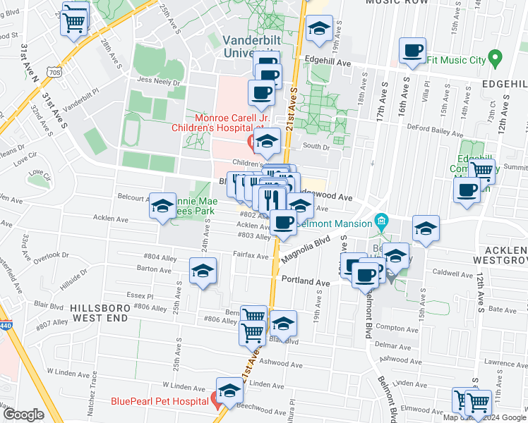 map of restaurants, bars, coffee shops, grocery stores, and more near 2113 Belcourt Avenue in Nashville
