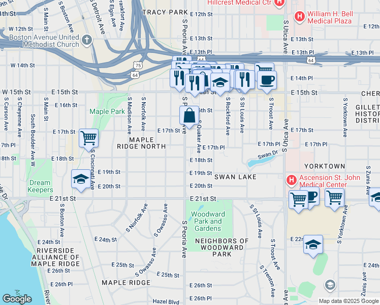 map of restaurants, bars, coffee shops, grocery stores, and more near 1324 East 17th Place in Tulsa