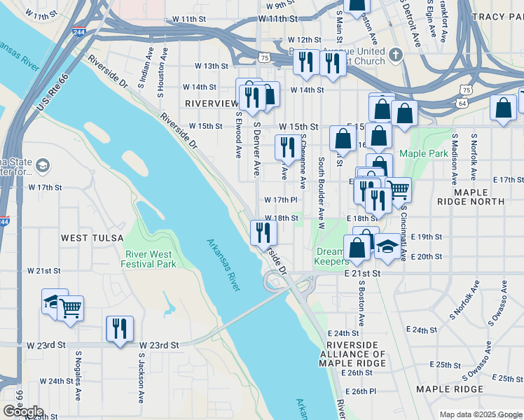 map of restaurants, bars, coffee shops, grocery stores, and more near 1717 Riverside Drive in Tulsa