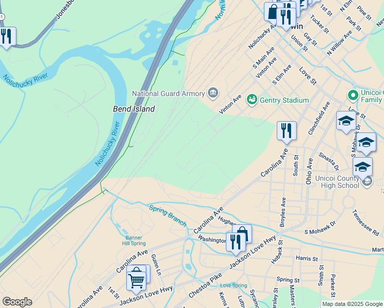 map of restaurants, bars, coffee shops, grocery stores, and more near 843 South Elm Avenue in Erwin