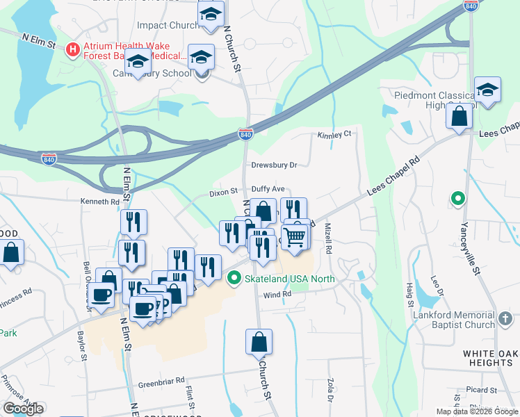 map of restaurants, bars, coffee shops, grocery stores, and more near 101 Millikin Street in Greensboro
