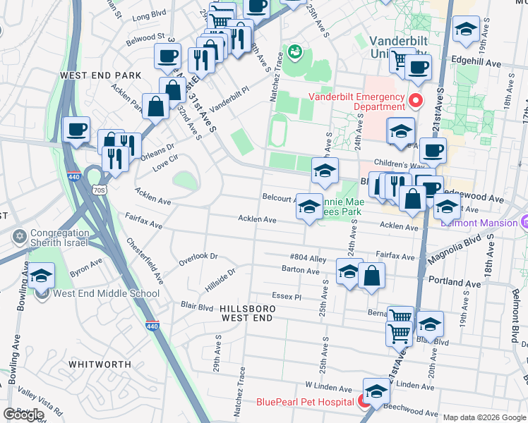 map of restaurants, bars, coffee shops, grocery stores, and more near 1808 Natchez Trace in Nashville