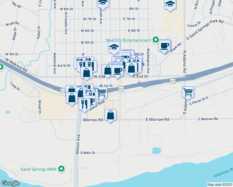 map of restaurants, bars, coffee shops, grocery stores, and more near 2 South Main Street in Sand Springs