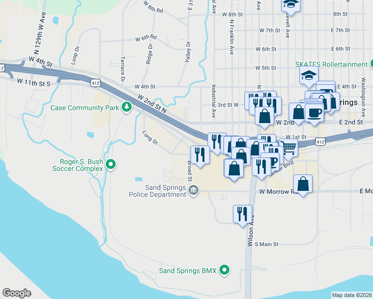 map of restaurants, bars, coffee shops, grocery stores, and more near 200 Broad Street in Sand Springs