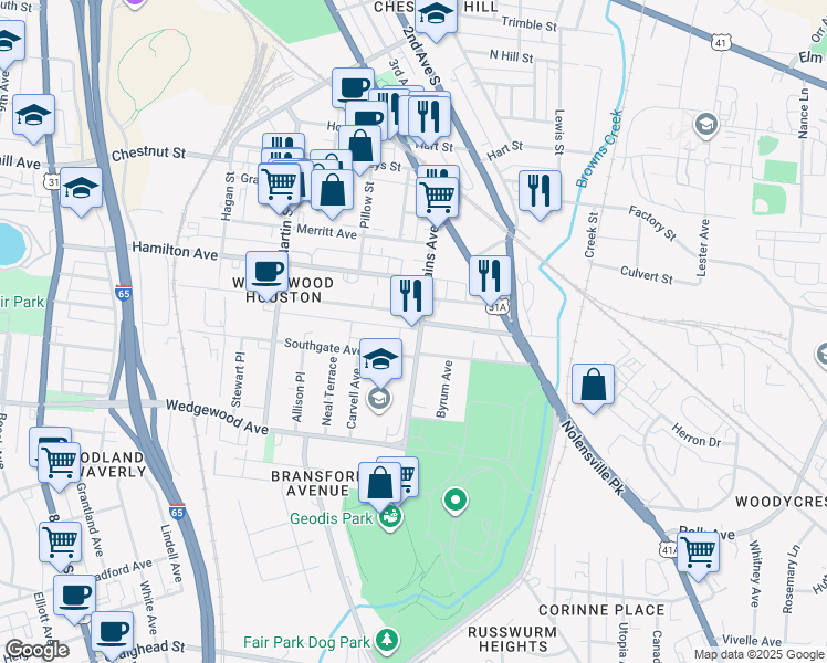 map of restaurants, bars, coffee shops, grocery stores, and more near 147A Rains Avenue in Nashville