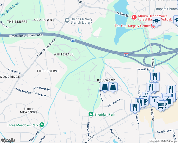 map of restaurants, bars, coffee shops, grocery stores, and more near 4215 King Edward Court in Greensboro