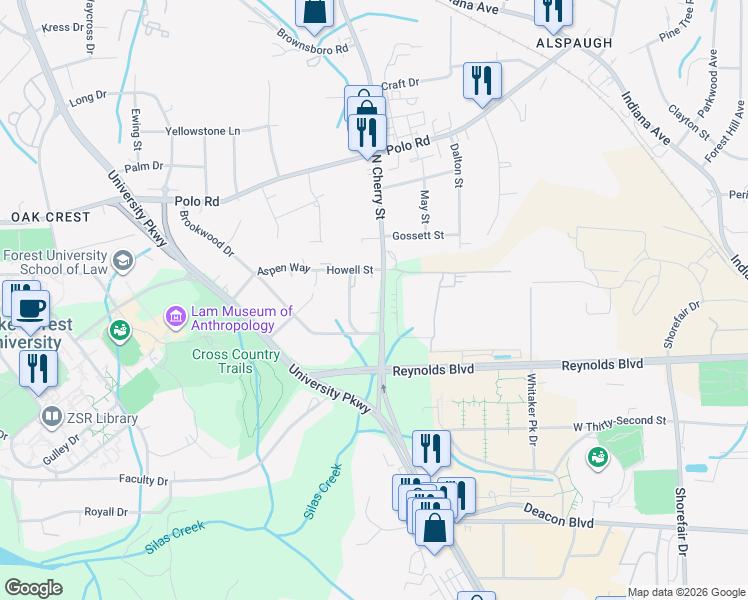map of restaurants, bars, coffee shops, grocery stores, and more near 3518 Cherry Street in Winston-Salem