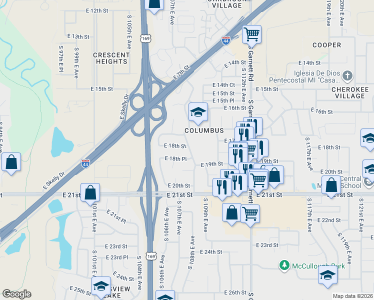 map of restaurants, bars, coffee shops, grocery stores, and more near 1814 South 108th East Avenue in Tulsa