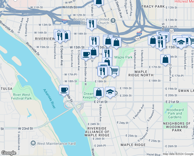 map of restaurants, bars, coffee shops, grocery stores, and more near 1740 South Baltimore Avenue in Tulsa
