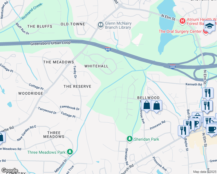 map of restaurants, bars, coffee shops, grocery stores, and more near 4604 Kinnakeet Way in Greensboro