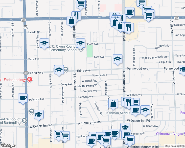 map of restaurants, bars, coffee shops, grocery stores, and more near 5282 Stampa Avenue in Las Vegas