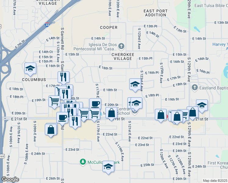map of restaurants, bars, coffee shops, grocery stores, and more near 1804 South 119th East Place in Tulsa