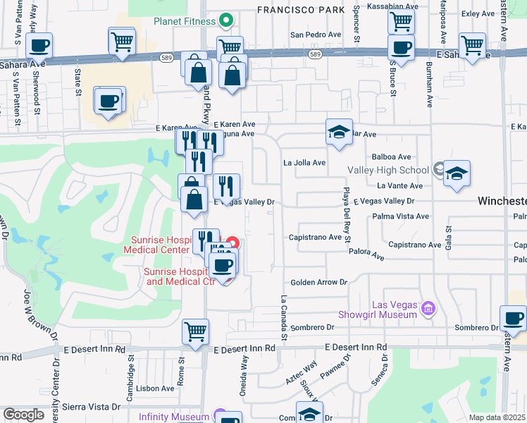 map of restaurants, bars, coffee shops, grocery stores, and more near 1405 East Vegas Valley Drive in Las Vegas