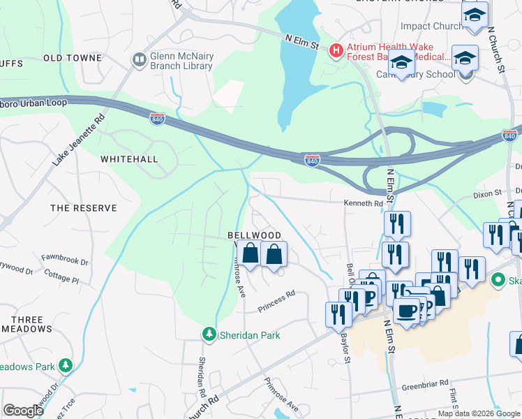 map of restaurants, bars, coffee shops, grocery stores, and more near 81 Rhododendron Drive in Greensboro