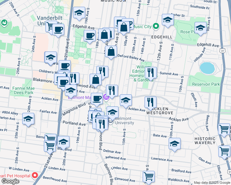 map of restaurants, bars, coffee shops, grocery stores, and more near 1720 Villa Place in Nashville