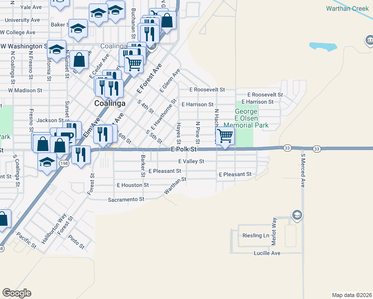 map of restaurants, bars, coffee shops, grocery stores, and more near East Polk Street in Coalinga