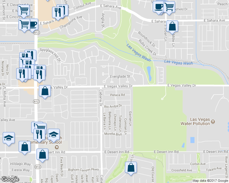 map of restaurants, bars, coffee shops, grocery stores, and more near 5481 Aldama Road in Las Vegas