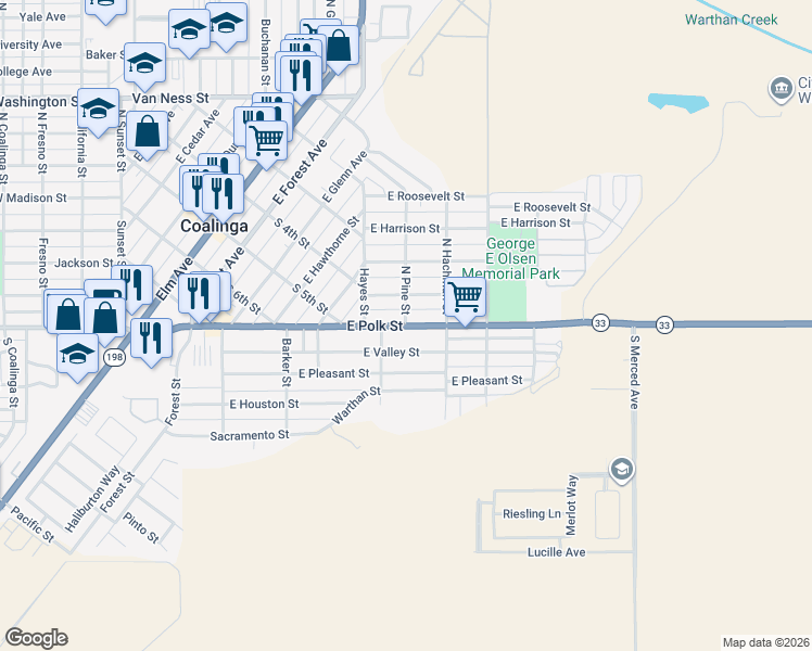 map of restaurants, bars, coffee shops, grocery stores, and more near East Polk Street in Coalinga