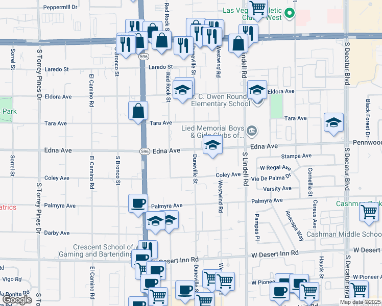 map of restaurants, bars, coffee shops, grocery stores, and more near 5861 Edna Avenue in Las Vegas