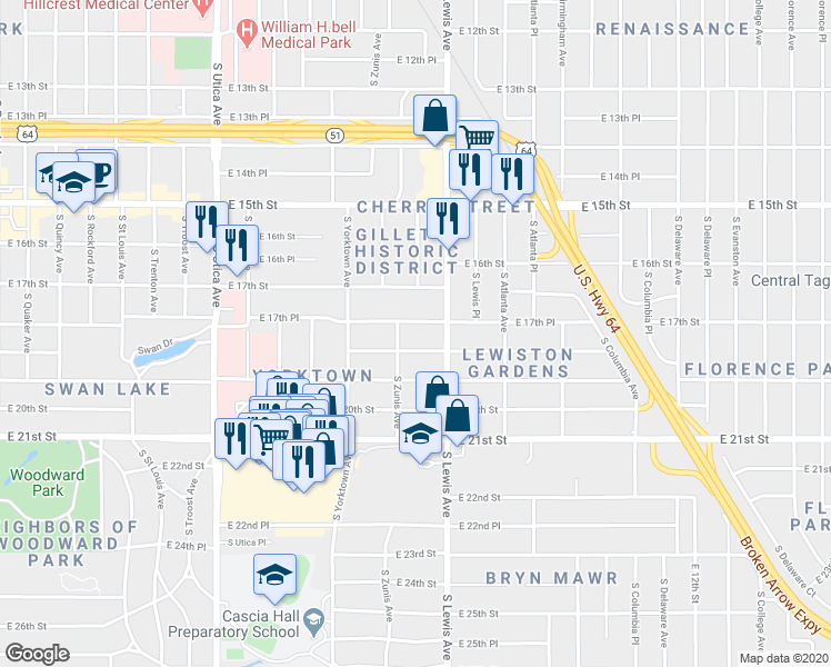 map of restaurants, bars, coffee shops, grocery stores, and more near 2216 East 17th Place in Tulsa