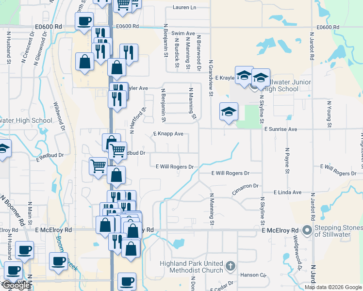 map of restaurants, bars, coffee shops, grocery stores, and more near 1415 North Arrington Court in Stillwater