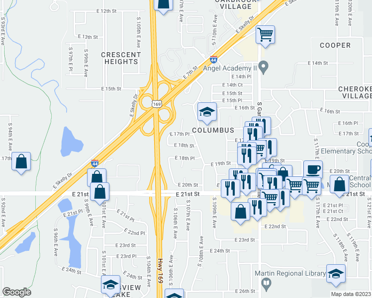 map of restaurants, bars, coffee shops, grocery stores, and more near 10642 East 18th Street in Tulsa