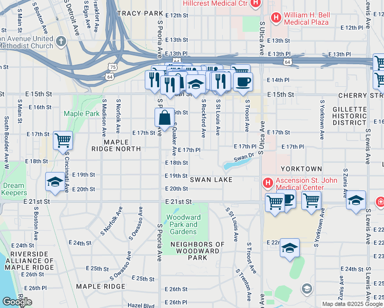 map of restaurants, bars, coffee shops, grocery stores, and more near 1743 South Quincy Avenue in Tulsa