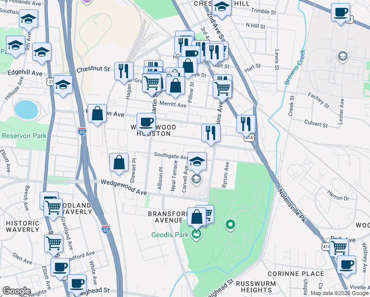 map of restaurants, bars, coffee shops, grocery stores, and more near 1611 Marshall Hollow Drive in Nashville