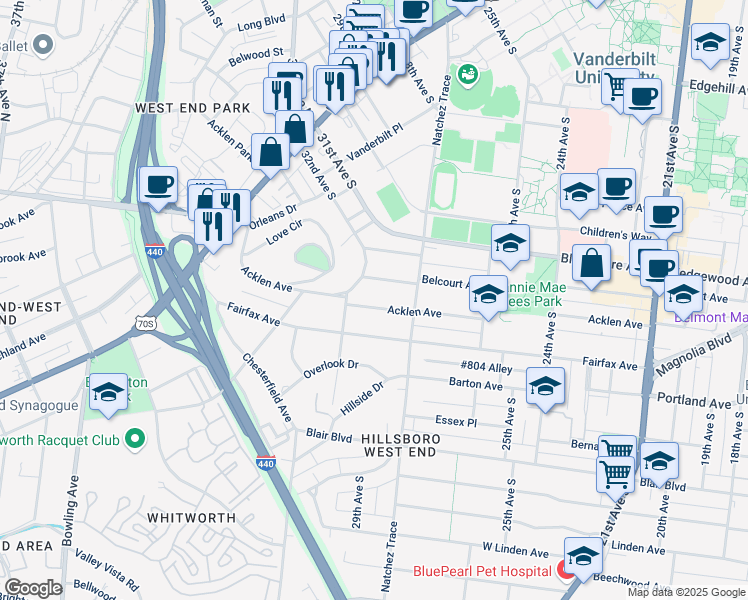 map of restaurants, bars, coffee shops, grocery stores, and more near 2810 Acklen Avenue in Nashville