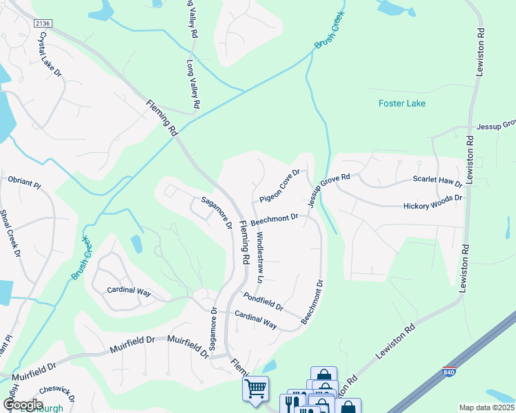 map of restaurants, bars, coffee shops, grocery stores, and more near 5423 Pigeon Cove Drive in Greensboro