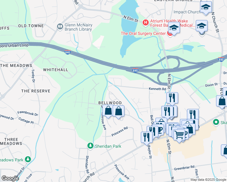 map of restaurants, bars, coffee shops, grocery stores, and more near 78 Nandina Drive in Greensboro