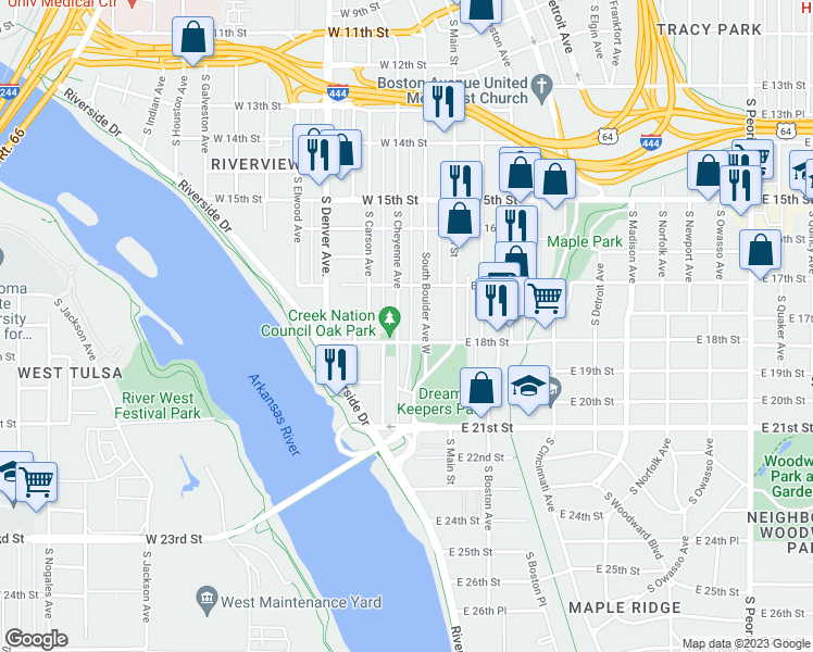 map of restaurants, bars, coffee shops, grocery stores, and more near 1733 South Cheyenne Avenue in Tulsa