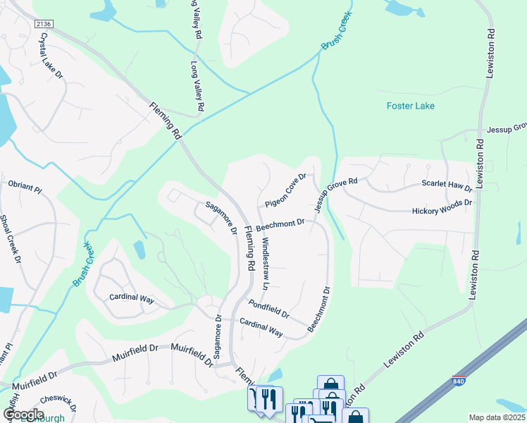 map of restaurants, bars, coffee shops, grocery stores, and more near 5423 Pigeon Cove Drive in Greensboro