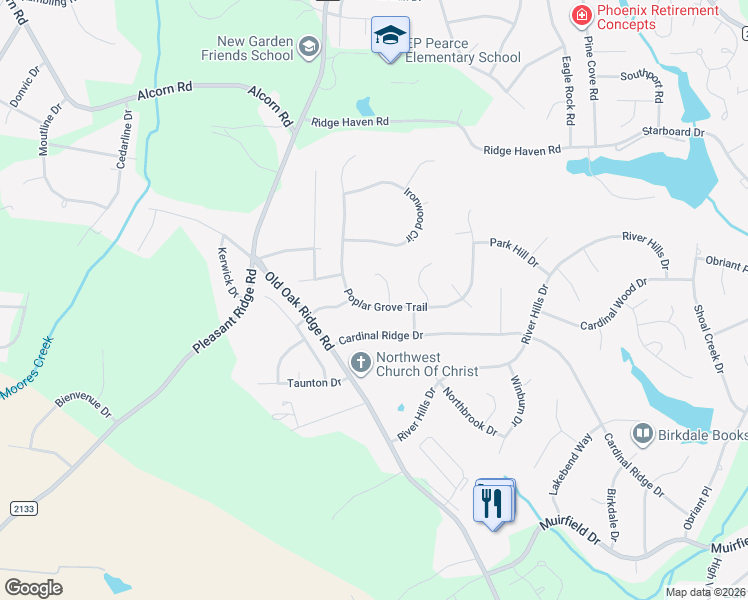map of restaurants, bars, coffee shops, grocery stores, and more near 7002 Poplar Grove Trail in Greensboro